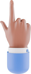 3D rendering of a hand with a blue sleeve pointing upwards with the index finger, indicating direction or emphasis.