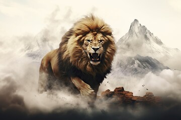 Majestic Lion in a Mountain Landscape - obrazy, fototapety, plakaty
