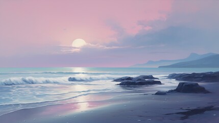 a coastal landscape at dawn, where the sea transitions from dusky plum to cool steel blue and soft lavender.