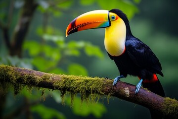 Fototapeta premium Photo of a colorful toucan perched on a tree branch. Generative AI