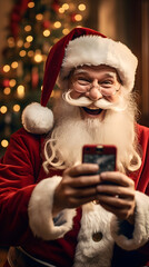 santa claus with christmas tree and phone