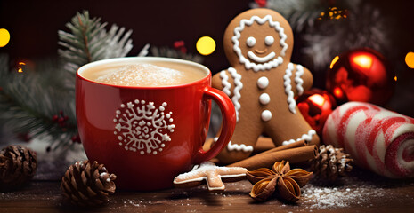Obraz na płótnie Canvas Hot mug and gingerbread Christmas style