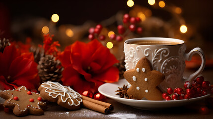 Hot mug and gingerbread, Christmas atmosphere