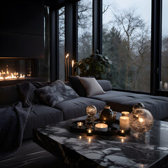 Interior living room minimalism green, Beautiful Christmas aesthetic, dark color palette