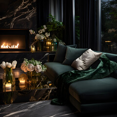 Interior living room minimalism green, Beautiful Christmas aesthetic, dark color palette