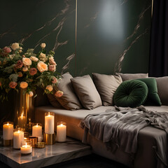 Interior living room minimalism green, Beautiful Christmas aesthetic, dark color palette