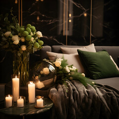 Interior living room minimalism green, Beautiful Christmas aesthetic, dark color palette