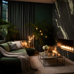Interior living room minimalism green, Beautiful Christmas aesthetic, dark color palette