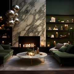 Interior living room minimalism green, Beautiful Christmas aesthetic, dark color palette