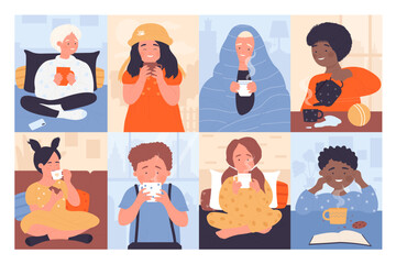 Kids drinking hot drinks set vector illustration. Cartoon children hold mugs with hot tea, chocolate or coffee with milk, boy and girl sitting at home table with cups or under blanket to keep warm