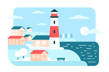 Lighthouse in simple winter minimal landscape of coastal town vector illustration. Cartoon silhouettes of beacon tower and houses on beach, in sailing ship in sea waves, city in harbor - obrazy, fototapety, plakaty