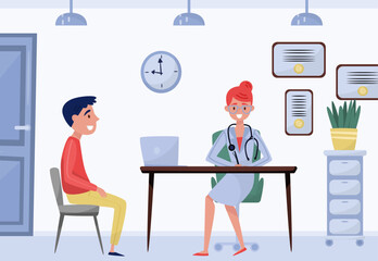 Woman Doctor at Table with Patient Have Hospital Appointment Vector Illustration