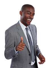 Thumbs up, portrait and black man in business for success, winning deal or promotion isolated on...