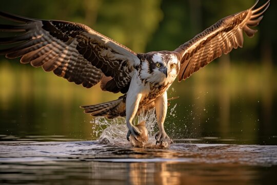 Photo of a majestic osprey in mid-air, hunting for fish. Generative AI