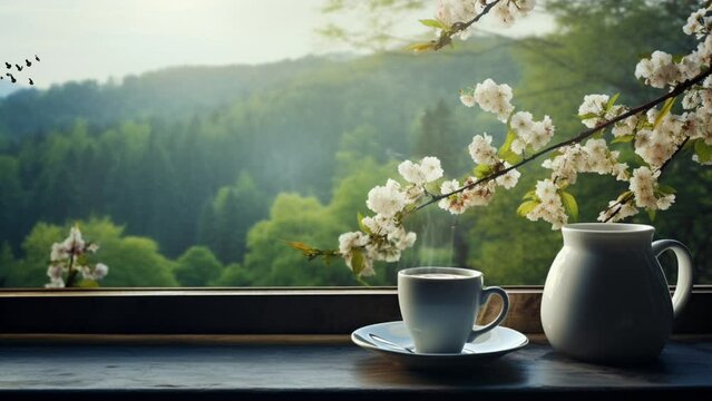 Warm coffee by the window with a view of beautiful spring flowers. Seamless looping video background animation. Generated with AI