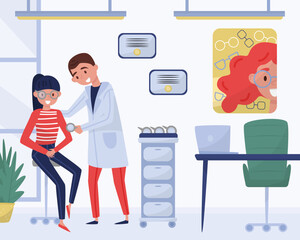 Man Ophthalmologist Doctor with Patient Have Hospital Appointment Vector Illustration