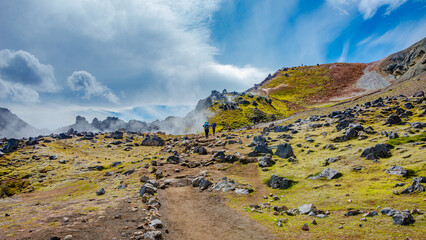 Panoramic over Landmannalaugar, Iceland, most colorful Brennisteinsalda Mount volcano, steamers,...