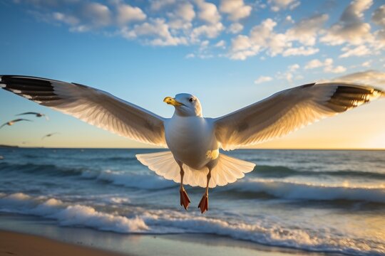 Photo of a seagull in dynamic flight. Generative AI
