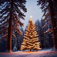 Festive decorated Christmas Tree in outdoor snow landscape