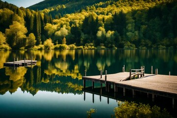 A tranquil lakeside scene with a wooden pier extending into calm waters, surrounded by nature's...