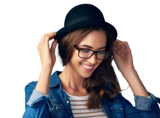 Happy, glasses and woman with smile and hat on isolated, png and transparent background. Hipster, fashion frames and face of person with confidence, pride and beauty in trendy clothes and outfit