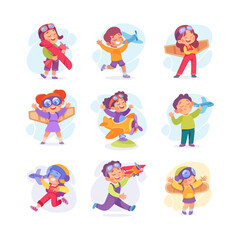 Dream of Flying with Little Kids Playing Plane and Having Fun Vector Set
