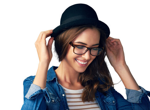 Happy, glasses and woman with smile and hat on isolated, png and transparent background. Hipster, fashion frames and face of person with confidence, pride and beauty in trendy clothes and outfit