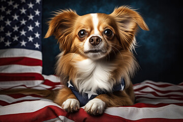 A Chihuahua dog lies against the background of the US flag. Elections, US Independence Day. Patriotic dog. Generative AI