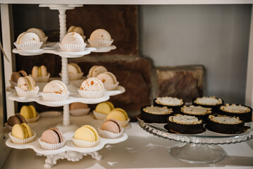 Macaroons. Candy bar on wedding banquet, birthday party, baptism closeup. Delicious reception luxury ceremony. Pastries with cream on plate. Table with sweets, candies, dessert. Side view.