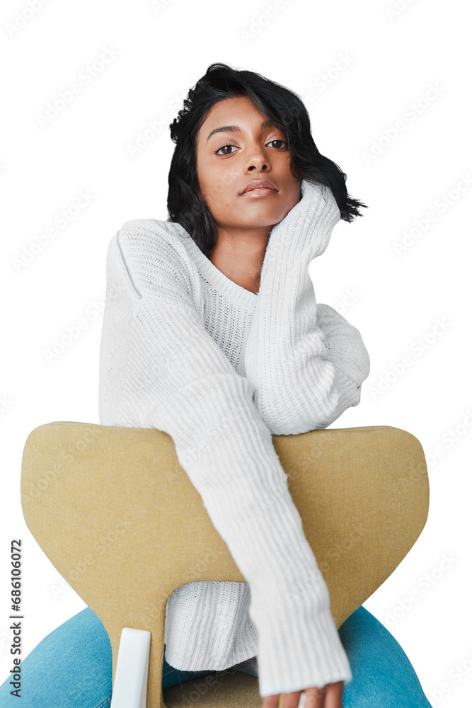 Sticker Woman, fashion and portrait in chair, female model and confident on isolated transparent png background. Casual, beauty and young person with trendy outfit, stylish and contemporary clothes