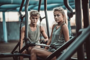 Beautiful teen girl and boy sitting on gym machine outdoors.