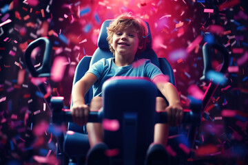 Fototapeta na wymiar Cute caucasian boy sitting in a virtual cinema on moving rotating chairs and emotionally watching a movie in an amusement park with confetti flying around him.