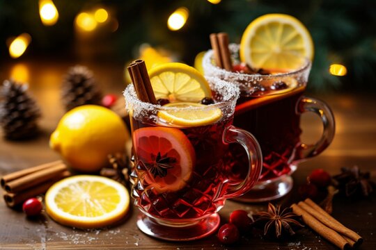 Close up of Christmas mulled red wine adorned with spices and citrus fruits