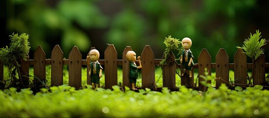 Wooden dolls walk through a miniature green world, passing a wooden fence.
