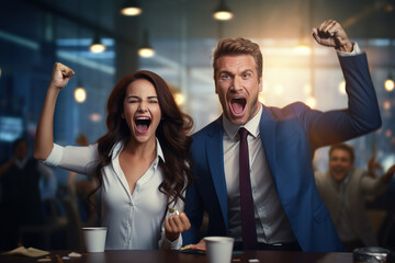 Overjoyed euphoric businesswoman and her male business colleague clenching fist celebrating success at office. Teamwork and partnership concept.