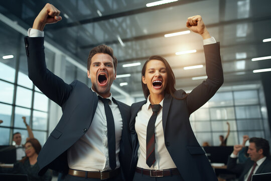 Successful Businessman And Businesswoman Entrepreneurs Achieving Goals In Corporate Office With Coworkers Cheering With Hand Holding Fist Up In The Air In Modern Office.