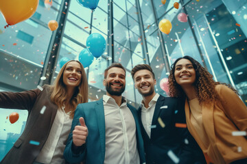 Group of young business people and colleagues having fun together at celebration of a successful target near company office building. Confetti and balloons enjoyment.