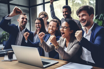 Group of happy business people celebrating success, raising hands with fist gesture at laptop in modern office.