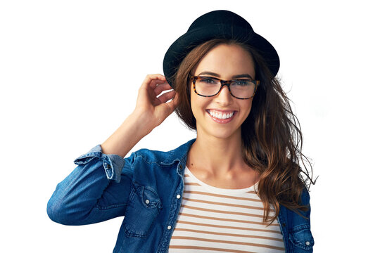Happy, glasses and portrait of woman with hat on isolated, png and transparent background. Optometry, fashion frames and face of person with prescription lens for vision, eyesight and wellness