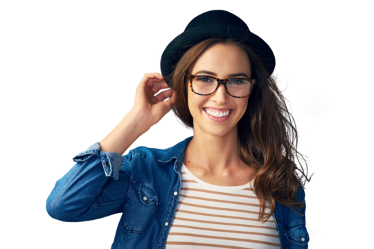 Happy, glasses and portrait of woman with hat on isolated, png and transparent background. Optometry, fashion frames and face of person with prescription lens for vision, eyesight and wellness