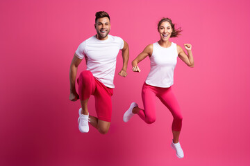 Fototapeta na wymiar Cheerful Cheerful sporty couple in stylish fitness wear jumping together with hands holding fist over pink background.