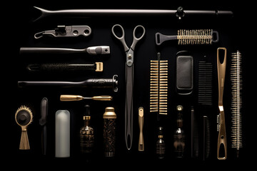 Collection of professional hair dresser tools arranged on black background - obrazy, fototapety, plakaty