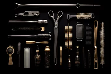 Poster Collection of professional hair dresser tools arranged on black background © Bojan