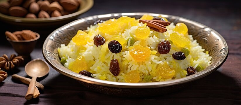 Sweet modur pulao from Kashmir made with sugared rice, saffron-infused water, and dried fruits.