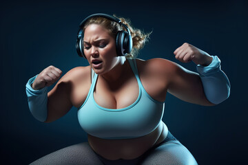 Excited plus size woman listening to music with headphones while flexing muscles and showing power...