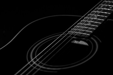 Closeup shot of details on a glossy black acoustic guitar