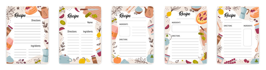 Recipe cards. Culinary book blank pages with doodle kitchen tools vector set