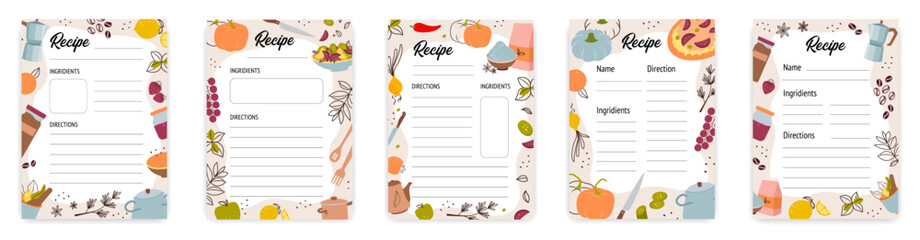 Recipe cards. Culinary book blank pages with doodle kitchen tools vector set - obrazy, fototapety, plakaty