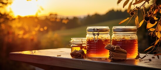 Two jars of healthy honey near a smoker, under an autumn sunset.