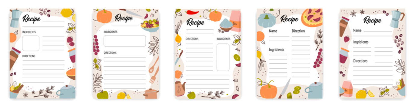 Recipe cards. Culinary book blank pages with doodle kitchen tools vector set
